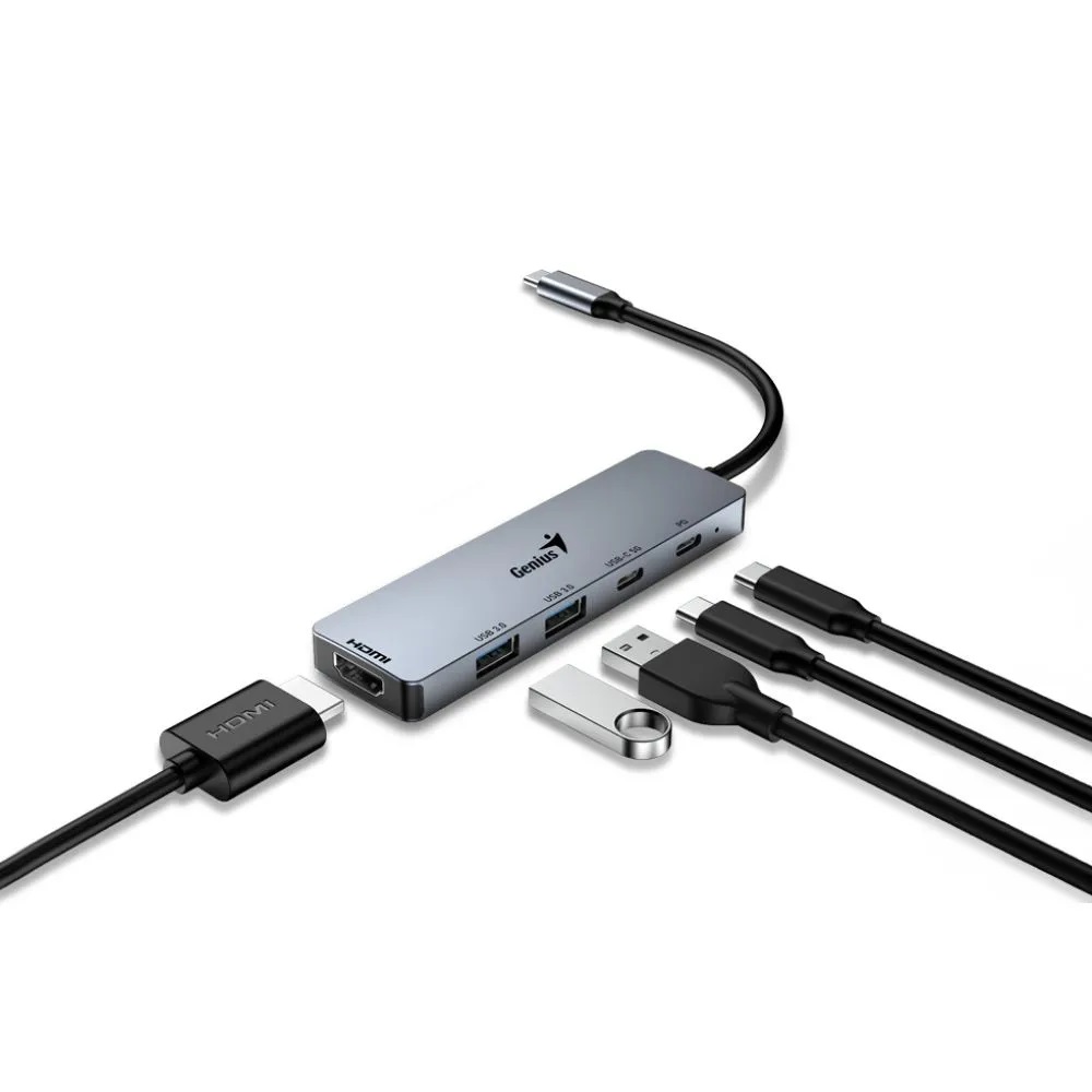 Хаб Genius USB HUB UH-500 5-в-1, USB-C PD, USB 3.0 x 2, USB-C x 2, 4K HDMI