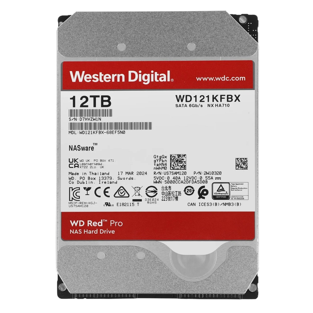 Жесткий диск 12ТБ WD Red Pro WD121KFBX, HDD, SATA III, 3.5"