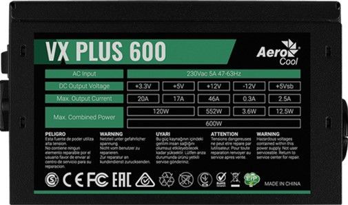Блок питания AEROCOOL VX-600 PLUS, 600Вт, 120мм, черный