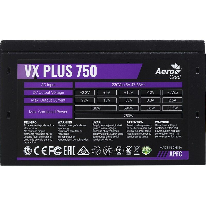 Блок питания AEROCOOL VX-750 PLUS, 750Вт, 120мм, черный