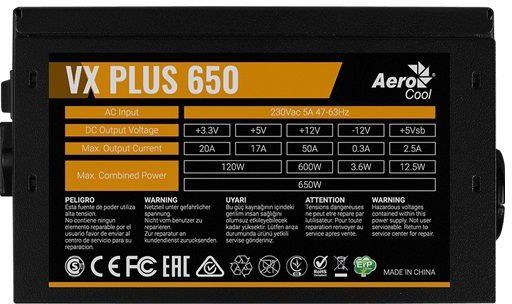 Блок питания AEROCOOL VX PLUS 650W, 650Вт, 120мм, черный, retail [vx-650 plus]