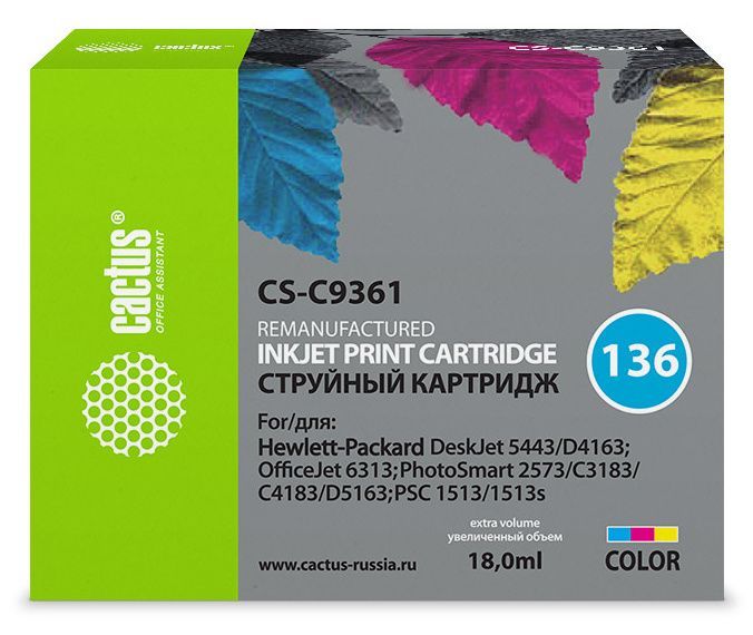 Картридж Cactus CS-C9361 №136 многоцветный (18мл) для HP DJ 5443/D4163/DJ 6313/PS 2573/C3183/C4183/D