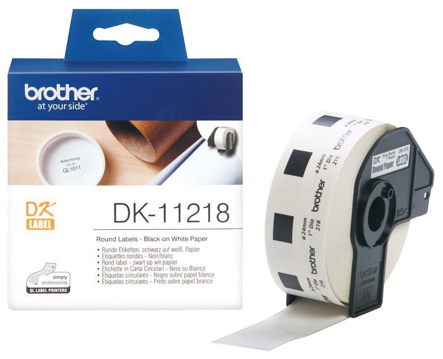 Кассета с лентой Brother DK-11218 для печати наклеек [диаметр: 24 мм] черным на белом фоне