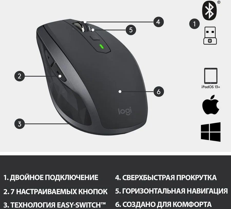 Мышь Logitech MX Anywhere 2S, оптическая, беспроводная, USB, графитовый [910-006211]