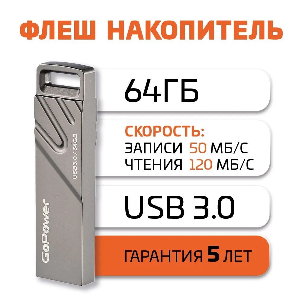 Флеш-накопитель GoPower TITAN 64GB USB3.0 металл черный графит (1/50/1000)