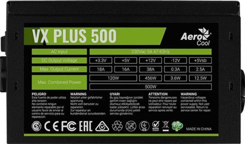 Блок питания AEROCOOL VX-500 PLUS, 500Вт, 120мм, черный