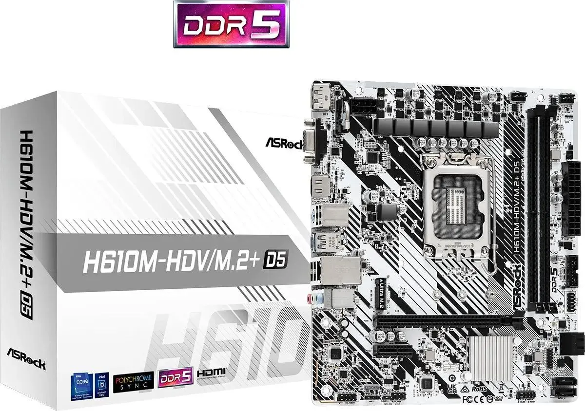 Материнская плата ASROCK H610M-HDV/M.2+ D5, LGA 1700, Intel H610, mATX