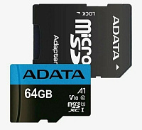 Карта памяти 64GB ADATA MicroSDXC Class 10 [AUSDX64GUICL10A1-RA1] (+SD адаптер)(UHS-I A1 100/25MB/s)