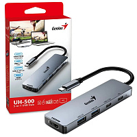 Хаб Genius USB HUB UH-500 5-в-1, USB-C PD, USB 3.0 x 2, USB-C x 2, 4K HDMI