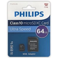 Карта памяти 64GB PHILIPS microSDHC Class 10, SD адаптер [FM64MA45B/97]