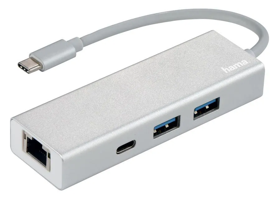 Концентратор HAMA [00135757], USB Type-C -> RJ-45 / USB-A x 2 шт / USB Type-C, серебристый