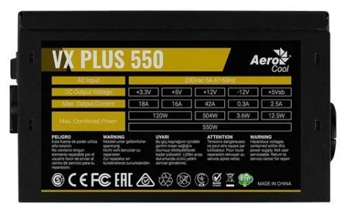 Блок питания Aerocool VX PLUS 550W, 550Вт, 120мм, черный, retail [vx-550 plus]
