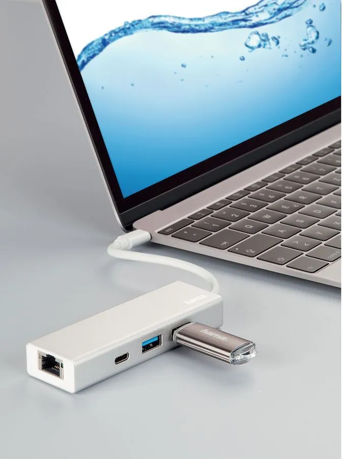 Концентратор HAMA [00135757], USB Type-C -> RJ-45 / USB-A x 2 шт / USB Type-C, серебристый